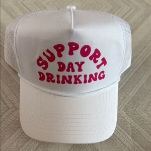 White Canvas Trucker Hat “Support Day Drinking” Pink Graphic Snapback Mesh Back